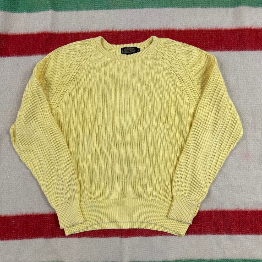 Vintage 90s Eddie Bauer Ribbed Fisherman Knit Cotton Sweater Yellow Mens XL